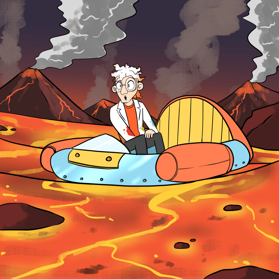 Dr Splatterjacket sitting in a boat travelling down a river of liquid magma. He looks surprised at what he has just seen.