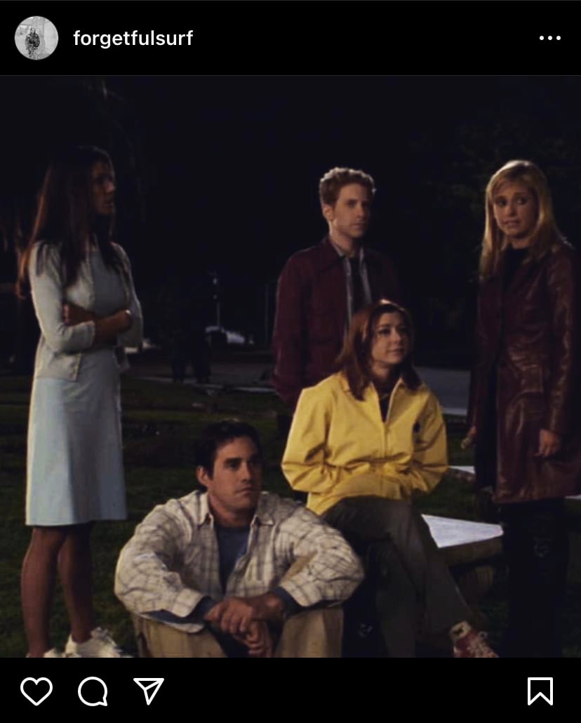 A screencap of an instagram post by me (@forgetfulsurf), showing a pretty low-res image of the main characters of Buffy standing and sitting, looking at something off to the right of the picture. L-R: Cordelia (standing), Xander (sitting), Oz (standing), Willow (sitting), and Buffy (standing, talking).