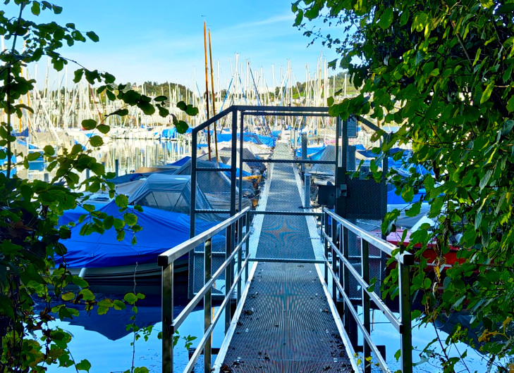 A picture of a footbridge that is closed of by a transparent metal door. Behind it are many boats.