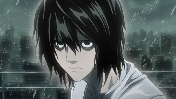 L from the anime Death Note looking pensive in the rain.