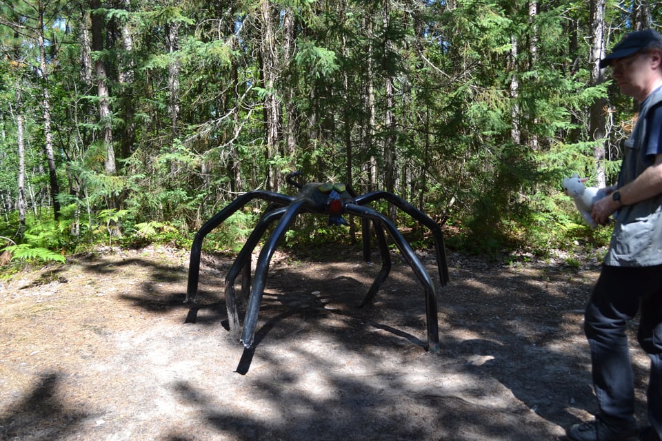 A large metal sculpture of a spider. In the woods.