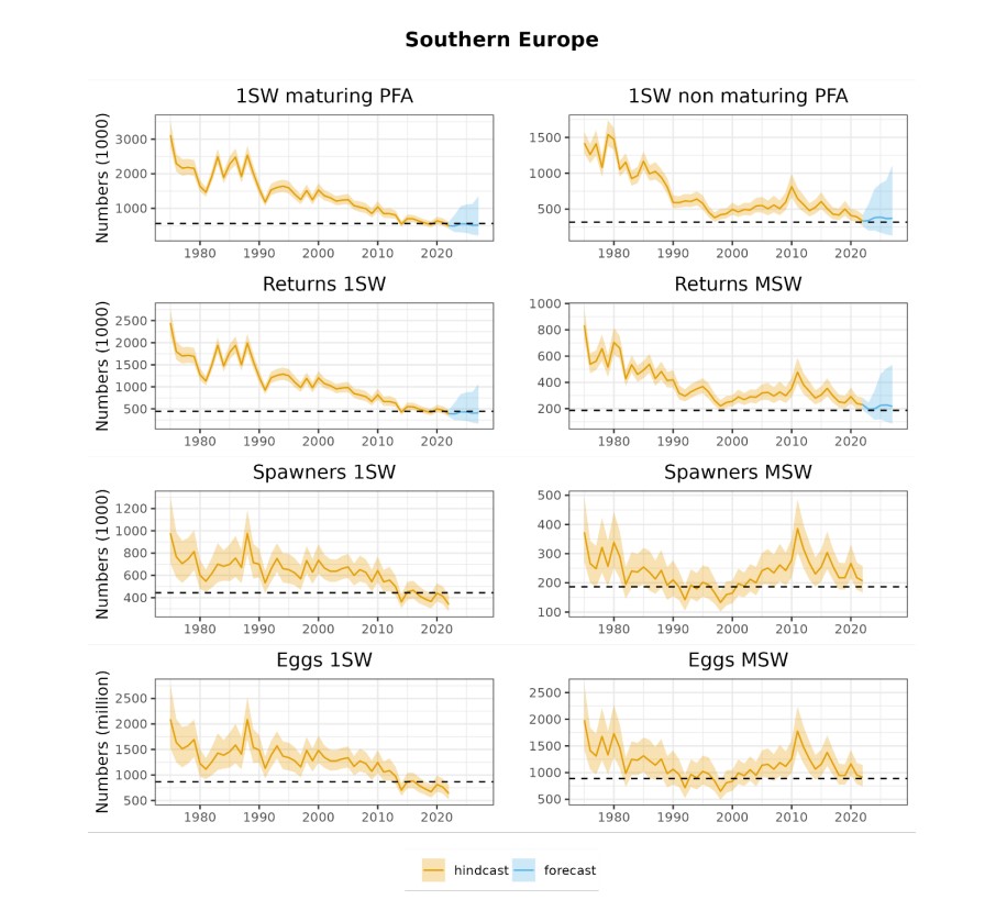 Évolution des taux de retour et des effectifs de saumon atlantique de 1 hiver de mer (1HM) et plusieurs hivers de mer (PHM) dans le sud de l'Europe.