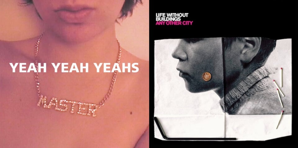 First pic: A close-up color photo of a young white woman (who I believe is vocalist Karen O) from her mouth to the top of her chest. The only visible apparel is a gold necklace around her neck with a pendant that reads MASTER. Second pic: A black and white photograph of a white woman, in close up, in profile. She has short dark hair and wears a sweater. Notably, it isn't one picture, but a composite of four different takes of the same picture arranged in a 2 x 2 grid. On top of the photos is a single copper coin, placed on the woman's cheek, and four matches near the back of her neck. There is some kind of long black thing at the bottom -- a straw? A piece of metal?