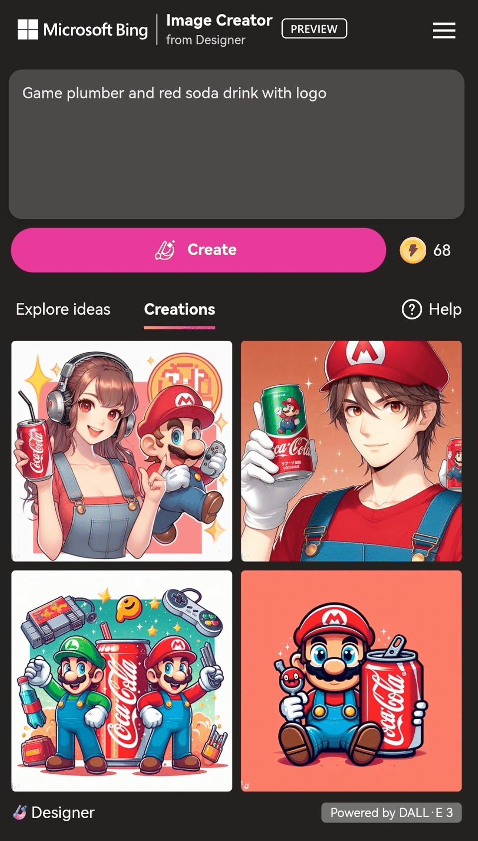 Four images generaged by Bing Image Creator for prompt "Game plumber and red soda drink with logo"