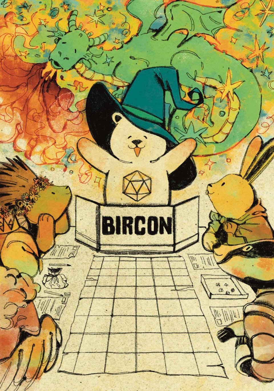 Our bear mascot is sitting at the head of a gaming table, raising their hands excitedly, surrounded by cute animal gamers that listen enrapturedly.