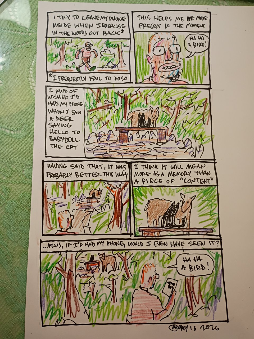 A diary comic. I am walking in the woods.
Narration: I tried to leave my phone inside when I exercise in the woods out back. I frequently failed to do so. This helps me be more present in the moment (a closeup of my face as I say "haha a bird"). More narration: I kind of wished I'd had my phone when I saw a deer saying hello to baby Doll the cat (a drawing of baby doll the cat sitting on a bench in the woods with a deer very near to her).
I continue to walk in the woods and look at baby doll the cat and the deer. Narration: having said that, it was probably better this way. I think it will mean more as a memory than as a piece of "content." ... Plus if I'd had my phone, would I even have seen it (I am looking at my phone and saying "haha a bird" as I walk right by babydoll the cat in the deer)?