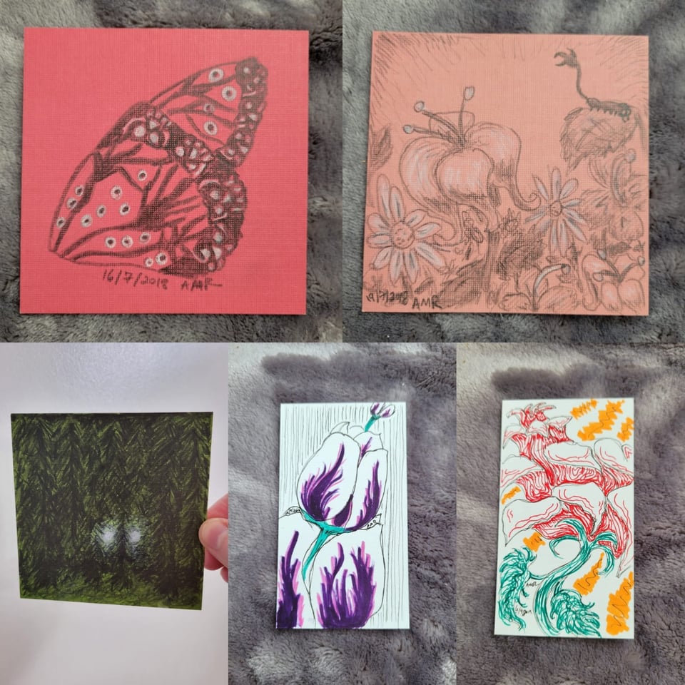 a compiled image of five small drawings. The top left is a creepy monarch butterfly-esque wing on red paper. The top right is a garden of flowers with a creepy centipede in it, drawn on pink paper. The bottom left is a forest with eyes shining through it. The bottom middle is concentric white and purple tulips. The bottom right is a bold red and white flower.