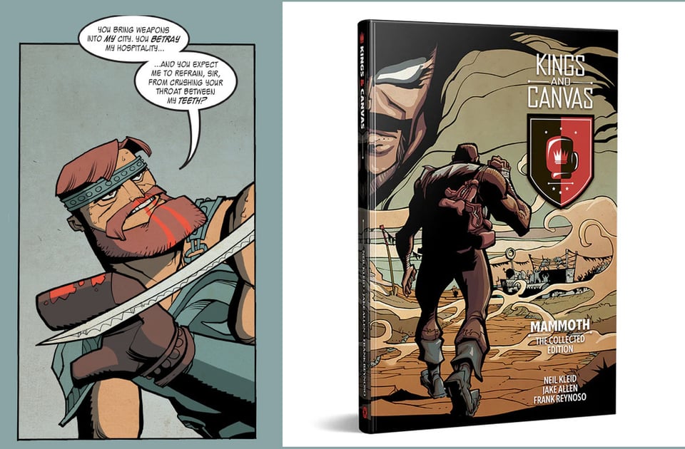 Two images: on the left, a blue-green comics panel showing a bleeding man with red hair and a beard, wearing blue armor, pushing away a sword with a boxing glove, indignantly saying