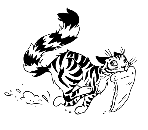 a cartoony black and white drawing of Quincy the tabby cat, huge fluffy tail in the air, stealing an entire piece of pizza and making off with it as fast as he possibly can, stealing glances behind him in the hopes he's not about to be caught and relieved of his prize.