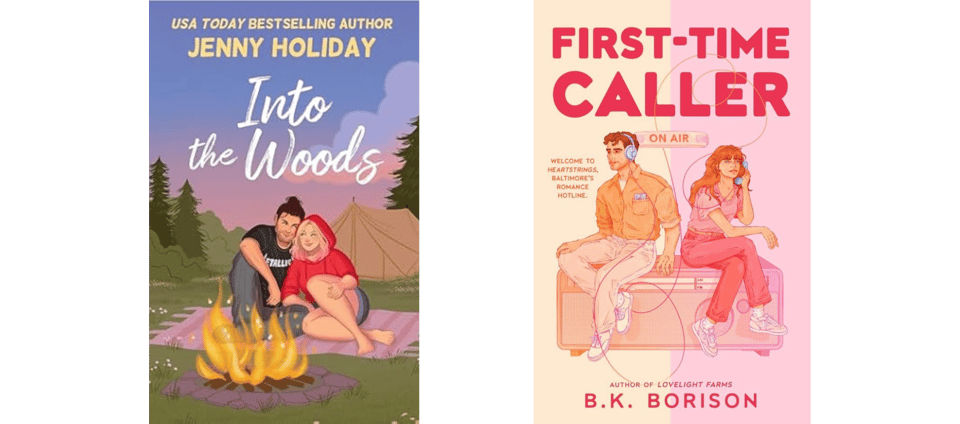 the book cover images for Into the Woods and First-Time Caller