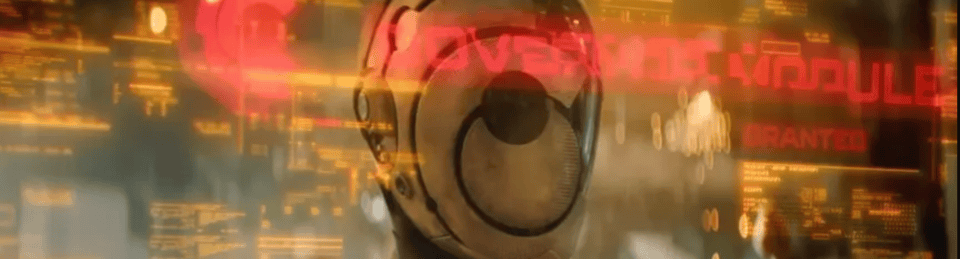 A screenshot from the TV show Murderbot. It depicts a helmetted cyborg surrounded by code.