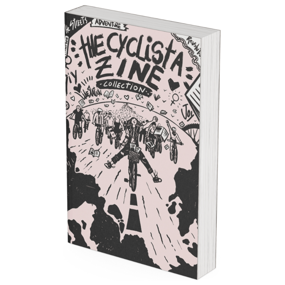 A mockup of The Cyclista Zine Collection paperback with cover art