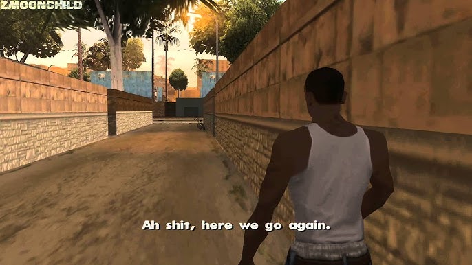 A screenshot from Grand Theft Auto with a character saying 'ah shit, here we go again'