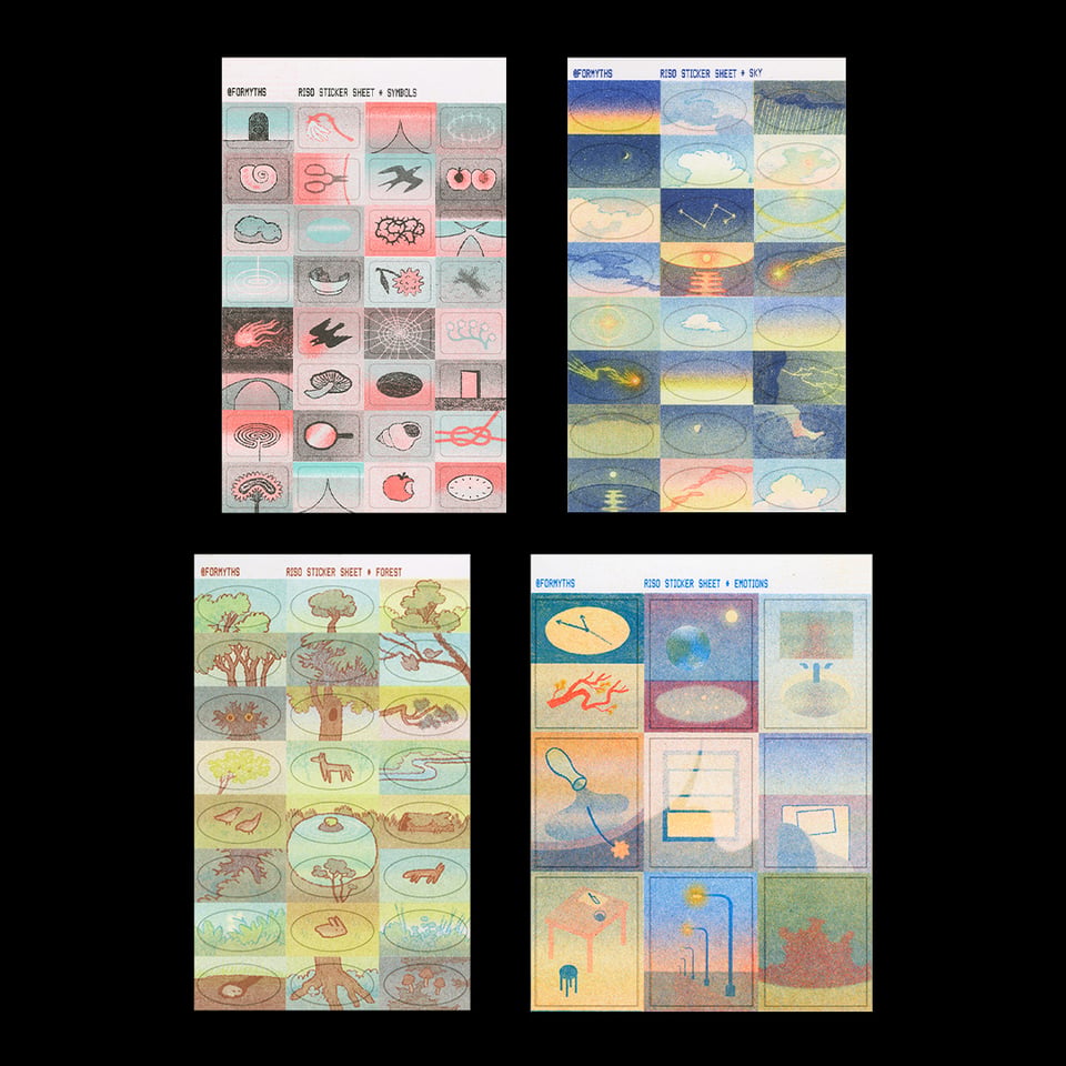 4 sheets of risograph stickers: symbols, with designs like a labyrinth, looping paths, doorways, thorns; sky, with various clouds, weather, & phenomena; forest, with trees, plants, and scribbled creatures; and emotions, with scenes like a spilled vase and curtains fluttering over an open window.