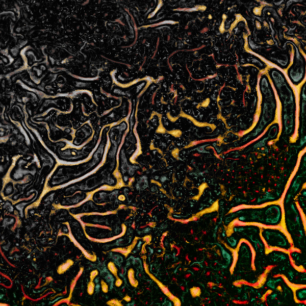Abstract, organic, code-generated complex texture. Wobbly golden strips surrounded by green glows on a dark background. Some areas contain small red areas.