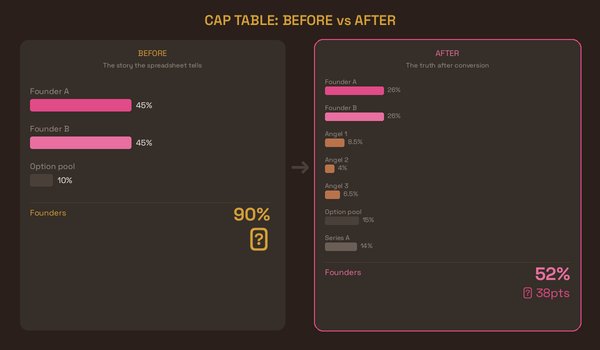 Cap table before and after: founders go from 90% to 52%