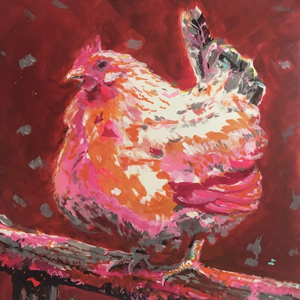 A polychromatic painting of a white hen on a branch. Her name is Kylie and she is on display and on sale at Faye's on 18th for the next several weeks.