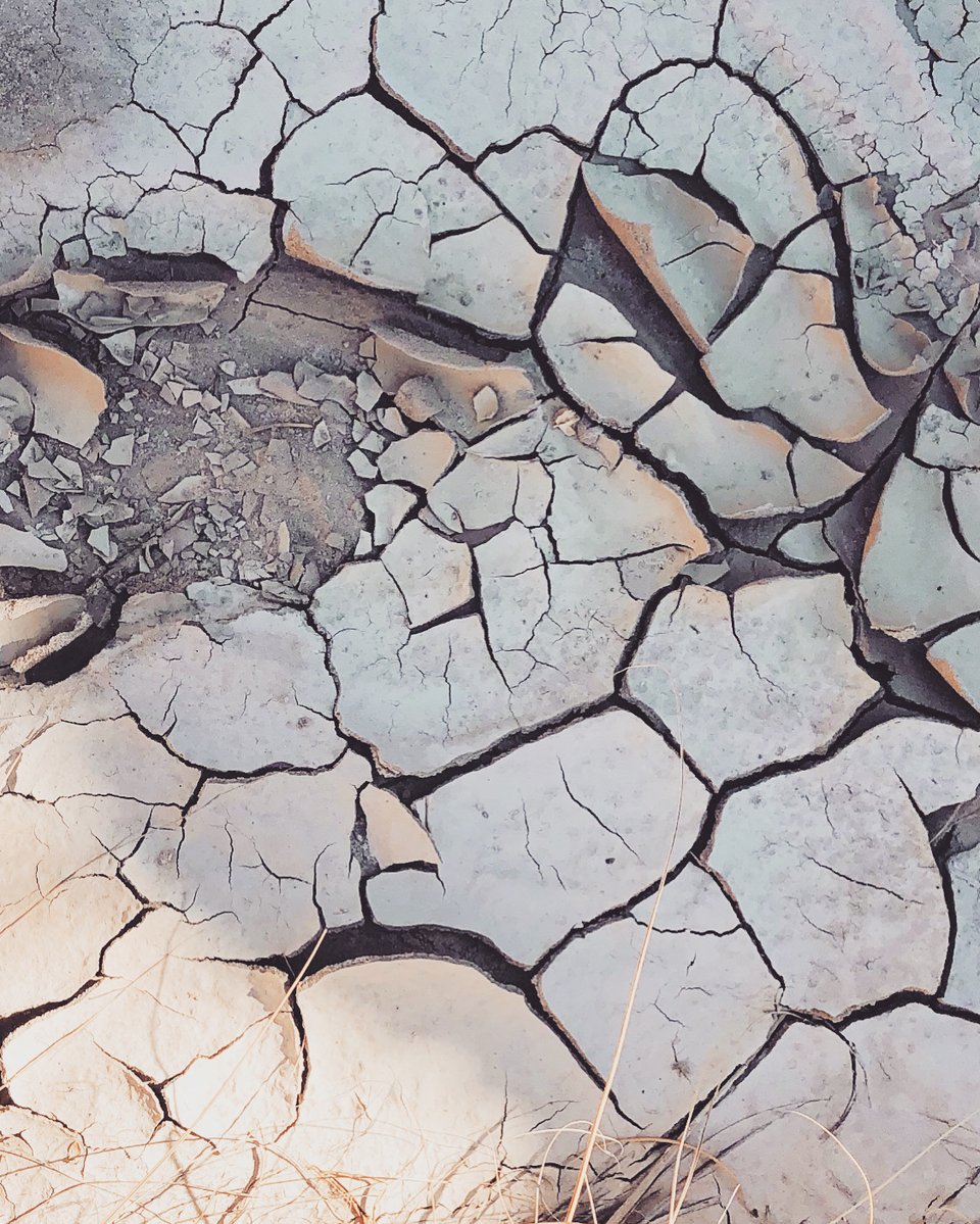 cracked dry earth in shades of grey, white, and light pink