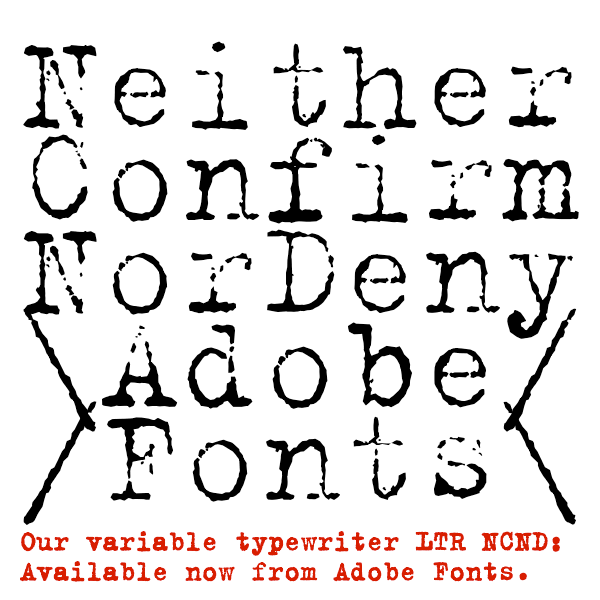 Black and white, rough textured letterforms that could have been made with an old fashioned mechanical typewriter. The variable font LTR NCND can be animated.