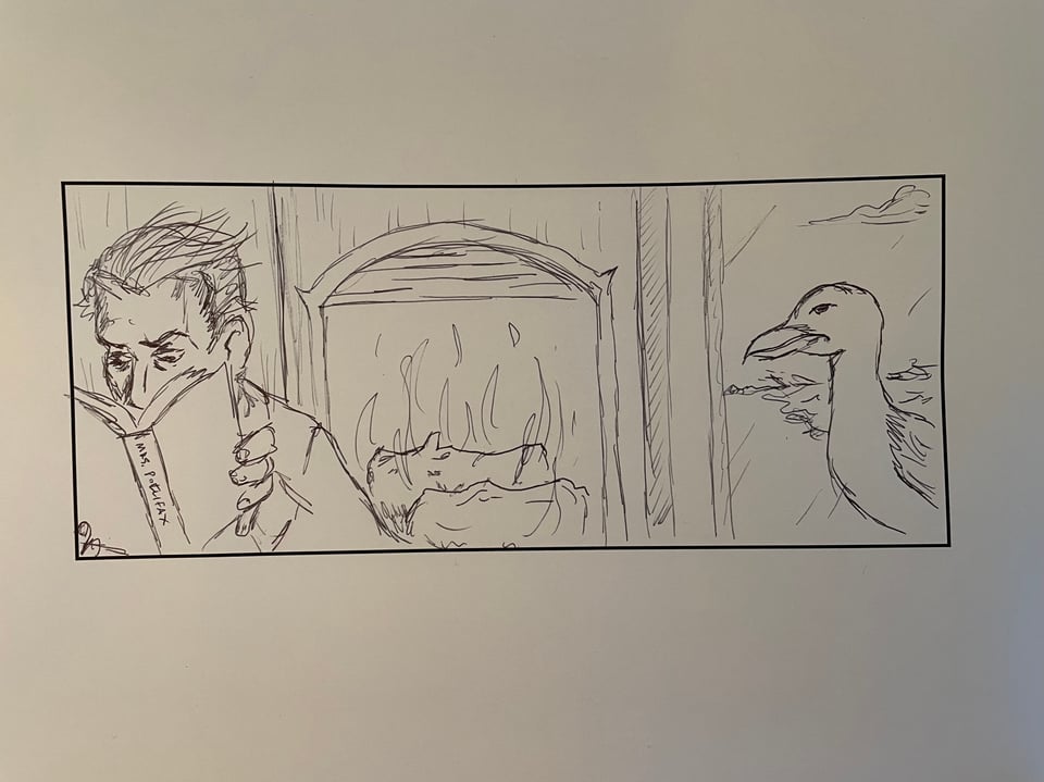 A rough sketch in a widescreen frame. At one edge a man buries his face in a book and at the other a gull stares hungrily