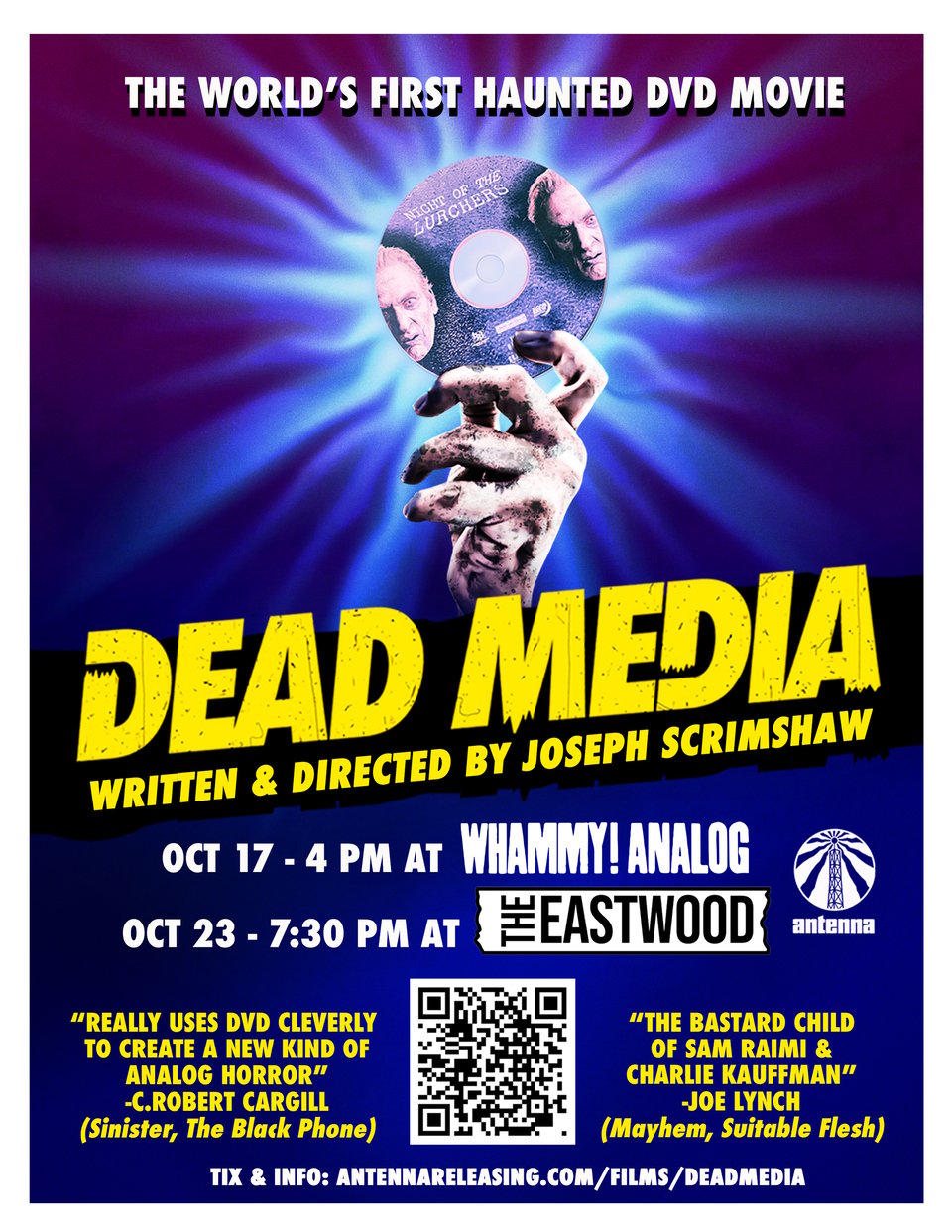 An ad for the horror movie Dead Media. It features a monster hand holding a DVD and screening information for two shows in Los Angeles. The same information is in the blog text above.