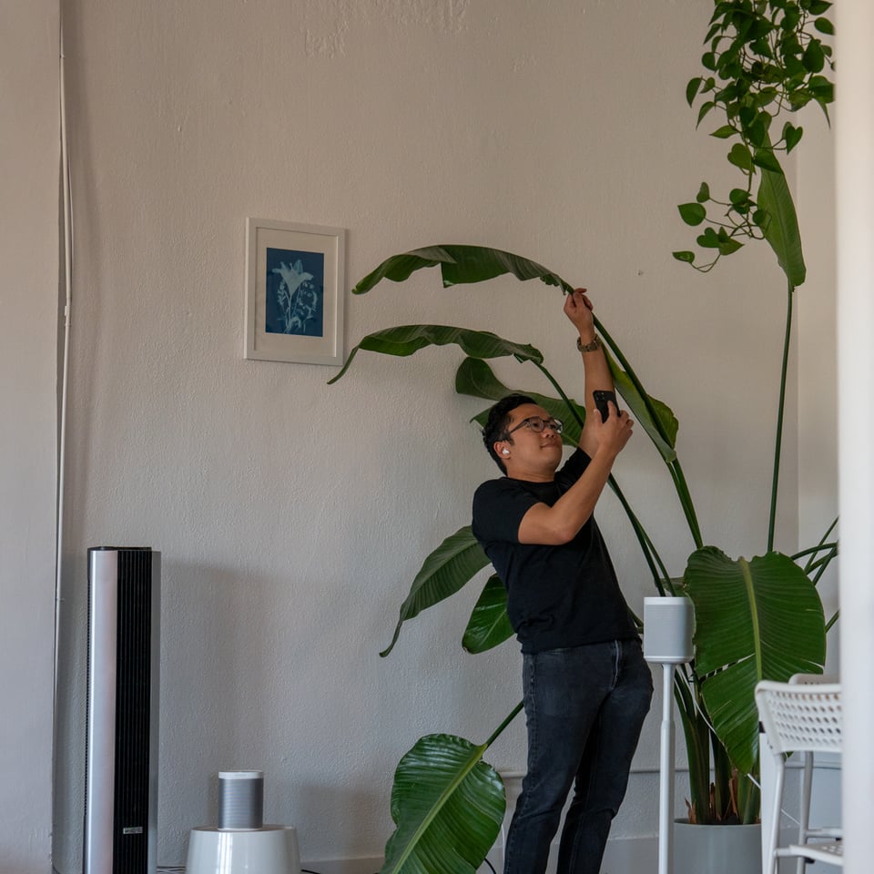 A man posing with a plant.