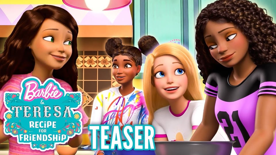 A still from the animated special featuring Teresa, Nikki, Barbie (Malibu), and Barbie (Brooklyn) in a kitchen with Mexican decor