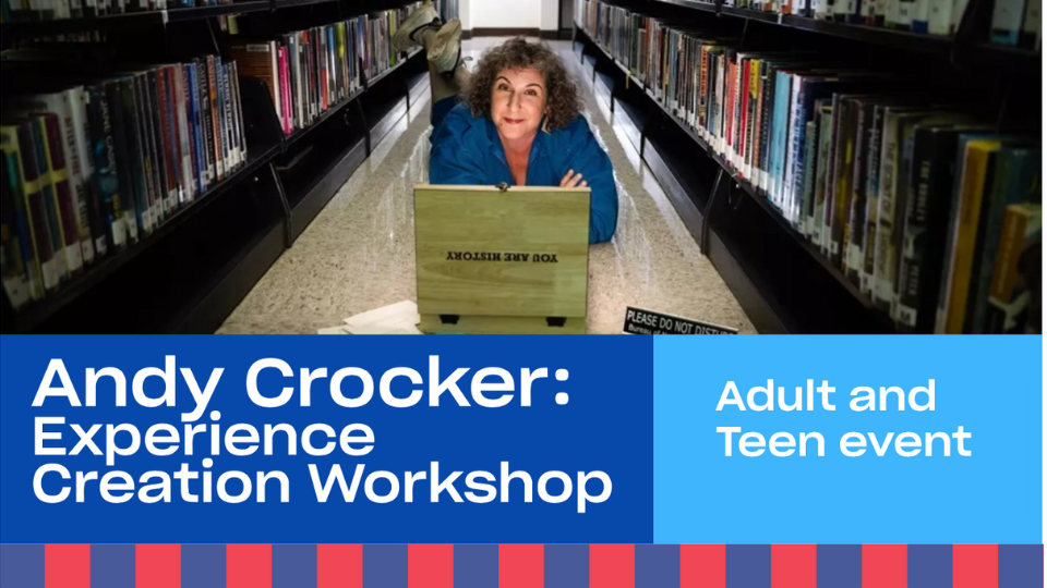 A promotional graphic with a photo of a woman in a library aisle.