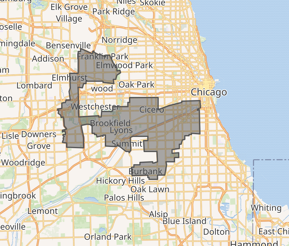 A map of the US state of Illinois's 4th Congressional district, sprawling like a fractal alien from some 1980's arcade game.