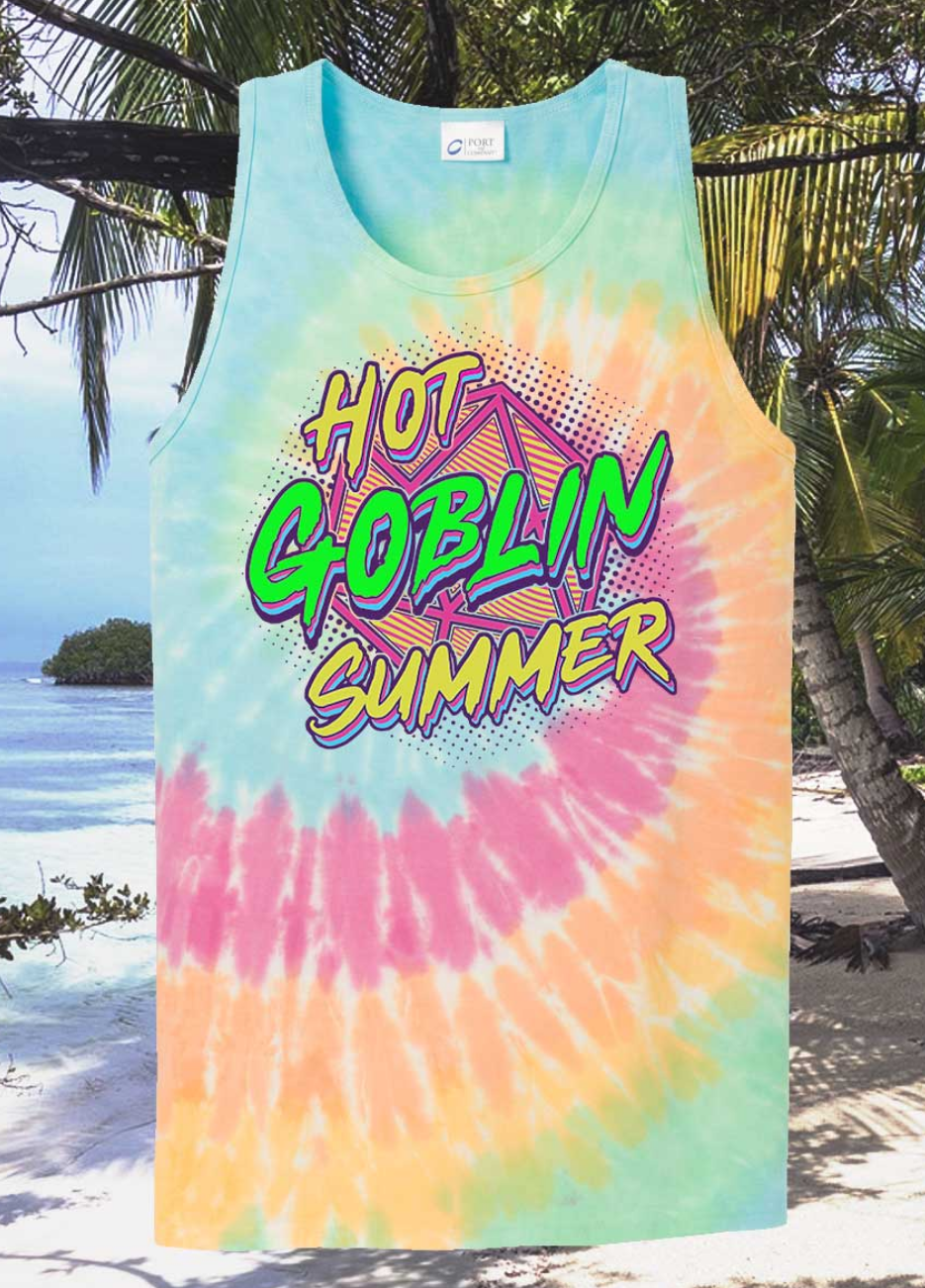 A tie-dye tanktop on a beach background. Neon yellow and green slashy font reads "Hot goblin summer" over a D20 design.