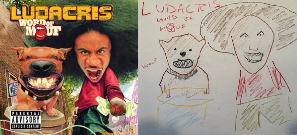 A digitally distorted photograph of Ludacris, a Black man, with a dog, a pit bull I think, tot he left, sitting on a trash can. The photograph has been distorted so that Ludacris' head is much to big for his body, a photorealistic chibi style. Ludacris appears to be yelling, and has a wad of cash in his fist. His afro hair style is so big that until I started wriiting this, I thought it was the leaves of a giant tree behind him. The dog's head is also disproportionately big, and its mouth has been replaced with a human's, so its smiling with big human teeth. It's about as grotesque as you'd imagine.