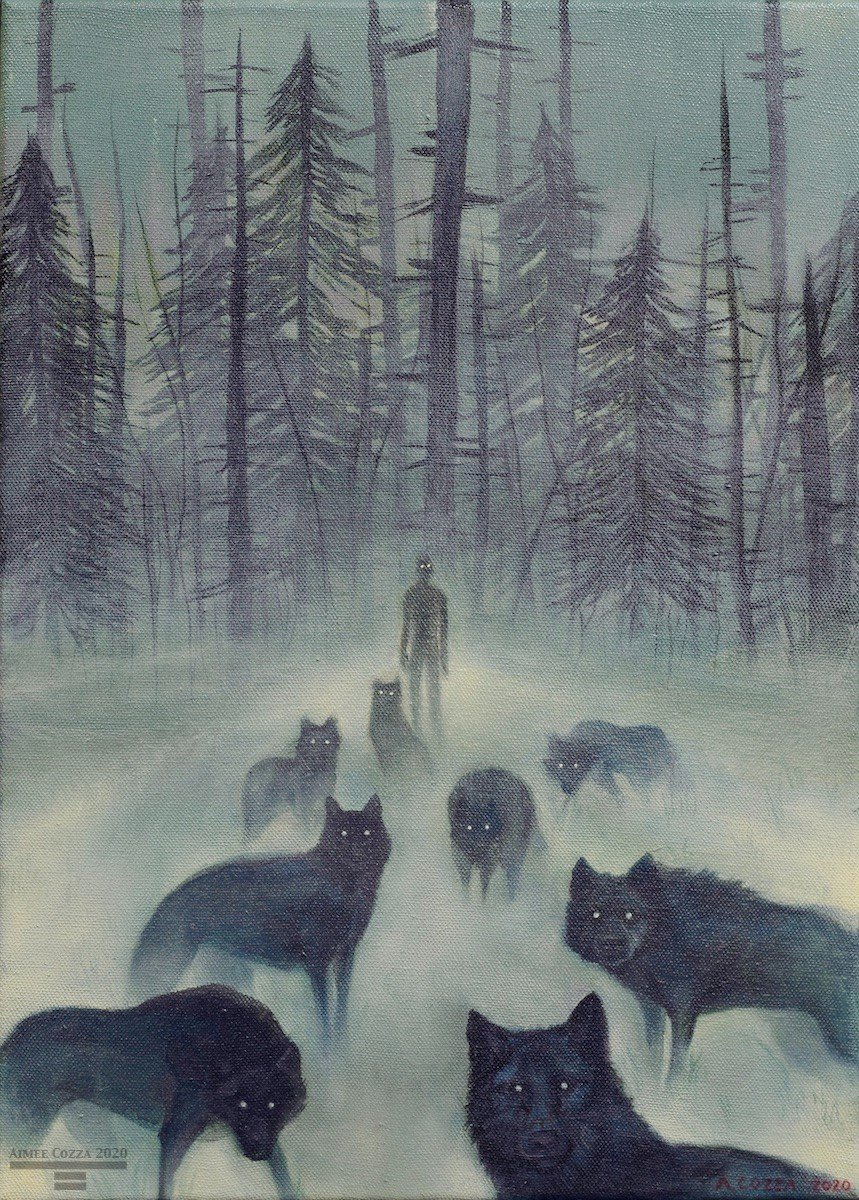 A spooky illustration of a strange shadowy figure standing near some woods. Wolves with glowing eyes fill the rest of the area