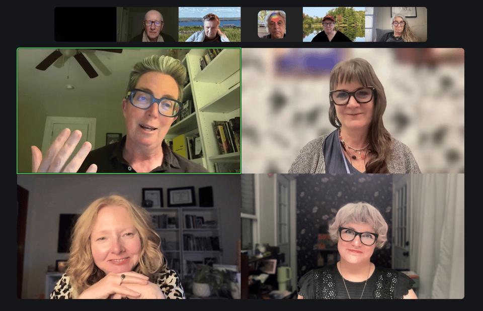 A screenshot from the zoom reading. Gaby in glasses at the top left, is speaking and moving their hand. Sasha is in glasses at the top and she's smiling. Lisa and Becca are in the bottom two frames, listening with smiles on their faces.