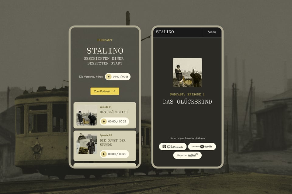 Screenshots of two mobile screens from the podcast overview page, showing different episodes in a list on a specific episode on the second one