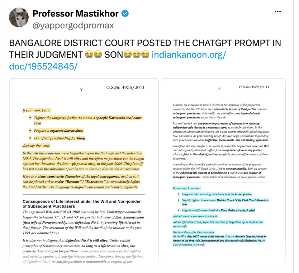 A tweet from Twitter/X by @yappergodpromax (Professor Mastikhor) that reads "BANGALORE DISTRICT COURT POSTED THE CHATGPT PROMPT IN THEIR JUDGMENT (2 crying/laughing emojis) SON (3 crying/laughing emojis) a link to the document and the first two pages displayed, with the LLM text highlighted in yellow and blue.