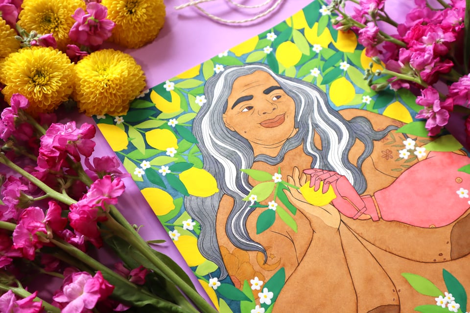 A stylized photo of Jessi's piece titled "The Beauty of a Lemon, 3," a sticker of Ban Billionaires, Not Inhalers, and a sticker of Plastic Straws Are a Disabled Right on a purple background surrounded by pink and yellow flowers and twine.