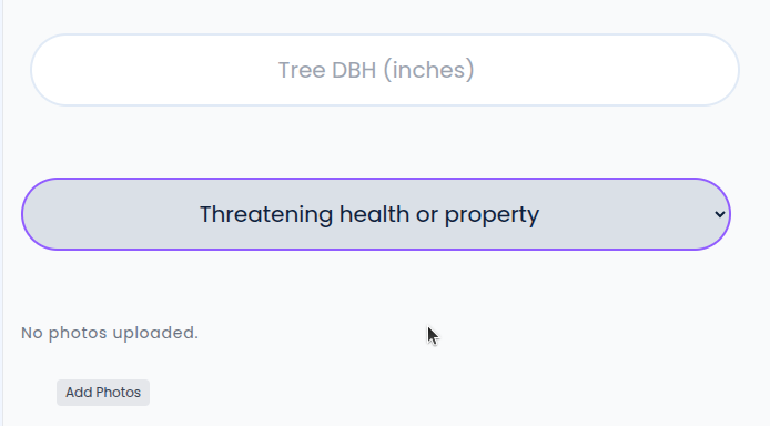 Application form showing a repeatable fieldset for entering tree details including species, diameter, and height