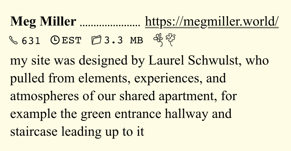 [Meg’s entry to the phone book, which credits Laurel for building it.]