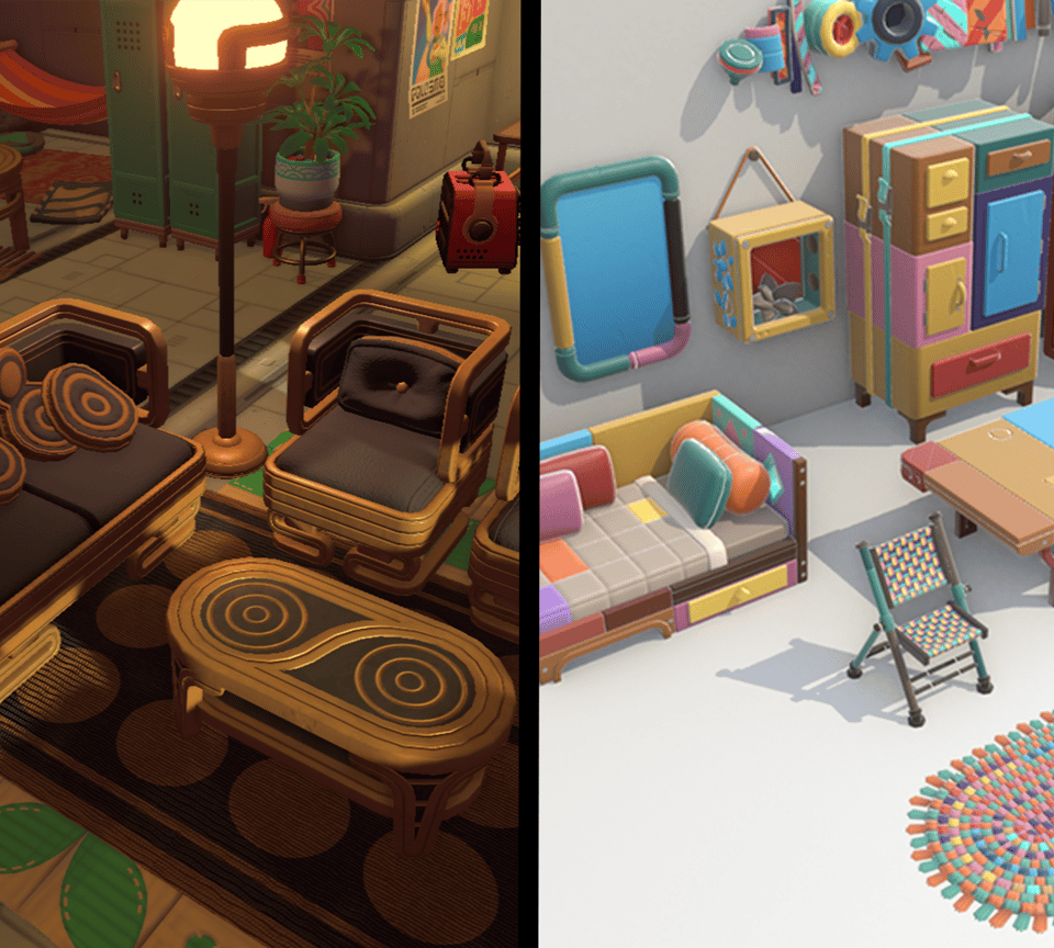 A split-screen of the Classic furniture set, which is warm tones with circle accents, and the Junkcraft set, which is bright, modular, and colorful.