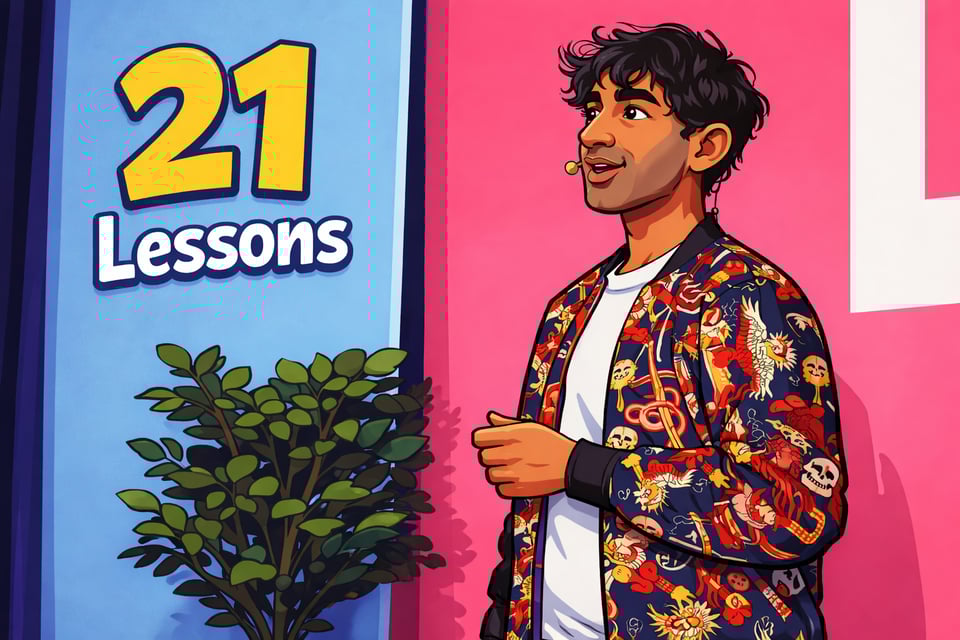 Cartoon illustration of a keynote speaker beside bold “21 Lessons” title