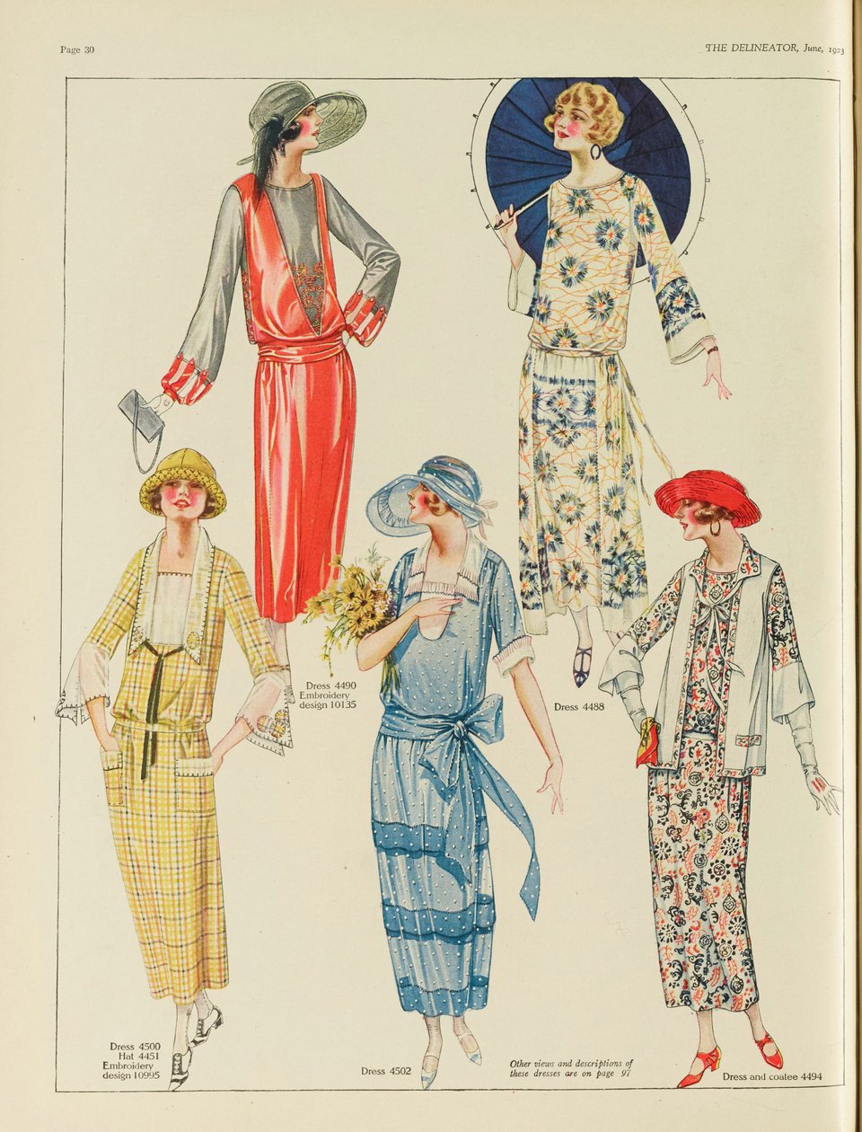 An illustration of five women in 1920s fashion, in color.