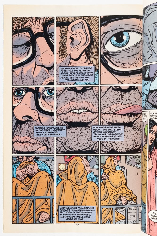 a page from "Tainted" by Al Davison. Davison uses a nine-panel grid. the top six panels are closeups of the main character's face-- his eyes, ear, nose and mouth. The bottomw row of panels pulls back slightly to show the main character pulling his blanket over his head