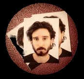 A stylised portrait of Jacob with multiple photos overlaid