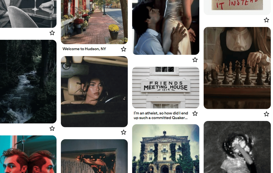 screenshot of a Pinterest board showing photos of the dark-academia variety, including a woman at a chessboard, a street in Hudson, NY, and a Shaker meeting house.