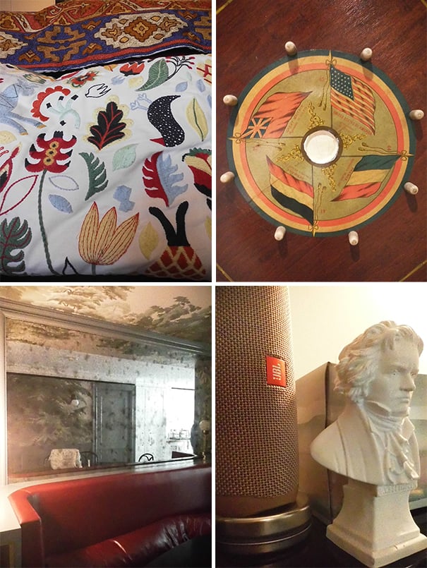 2x2 grid of Instax images: top left, close-up of a brightly colored embroidered throw pillow; top right, detail of the center of a game-table; bottom left, a red leather banquette with a smoky mirror above it; bottom right, a JBL bluetooth speaker beside a small bust of Beethoven