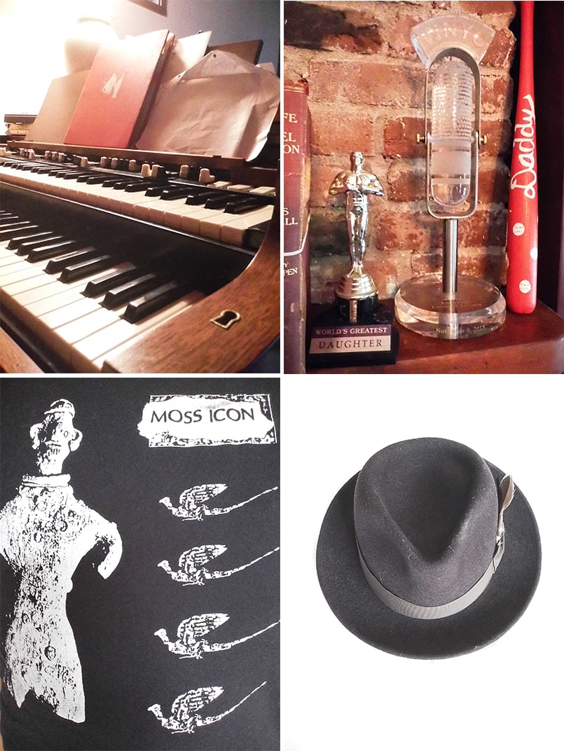 4 digital Instax images in 2x2 configuration: top left, angled detail of keyboards of wooden organ; top right, mantel with awards, including "World's Greatest Daughter," and a small red baseball bat with "Daddy" on it; bottom left, close-up of MOSS ICON tour T-shirt; right, a brown fedora on a white bedspread, seen from above and an angle