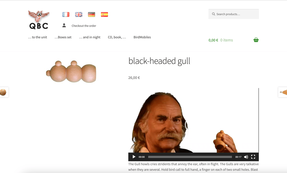 a screengrab of a website with a video player and a mustachio'd French man holding a birdcall