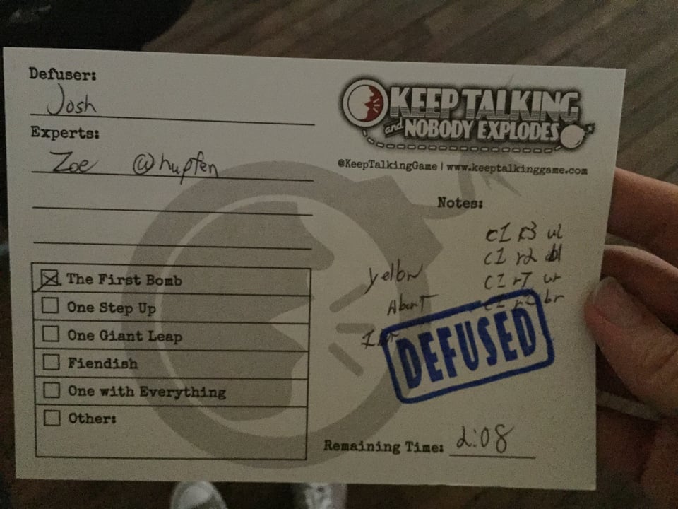 A notecard for Keep Talking and Nobody Explodes, showing that Josh and I successfully defused the bomb and pretty dang quick