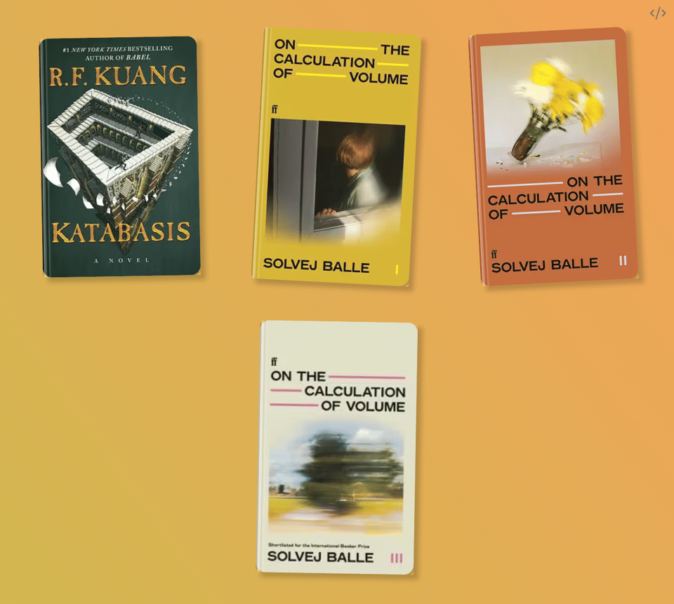 The covers for Katabasis and three On The Calculation of Volume books