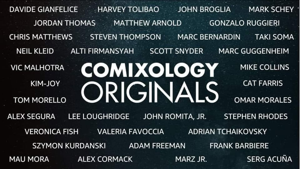 a black and white promotional card with the Comixology Originals logo in the center in white, and many comic book creators names surrounding it in white, including Neil Kleid's name